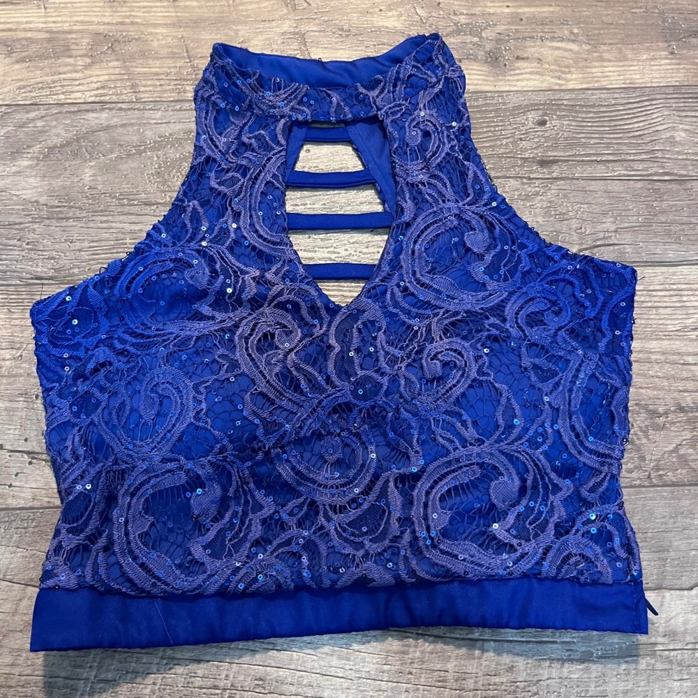 Speechless Royal Blue Sequin Lace Halter Crop Top Strappy Back Size 11‎